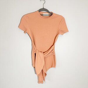 Capulet peachy short sleeve‎ fitted rib knit bodysuit with waist knot tie